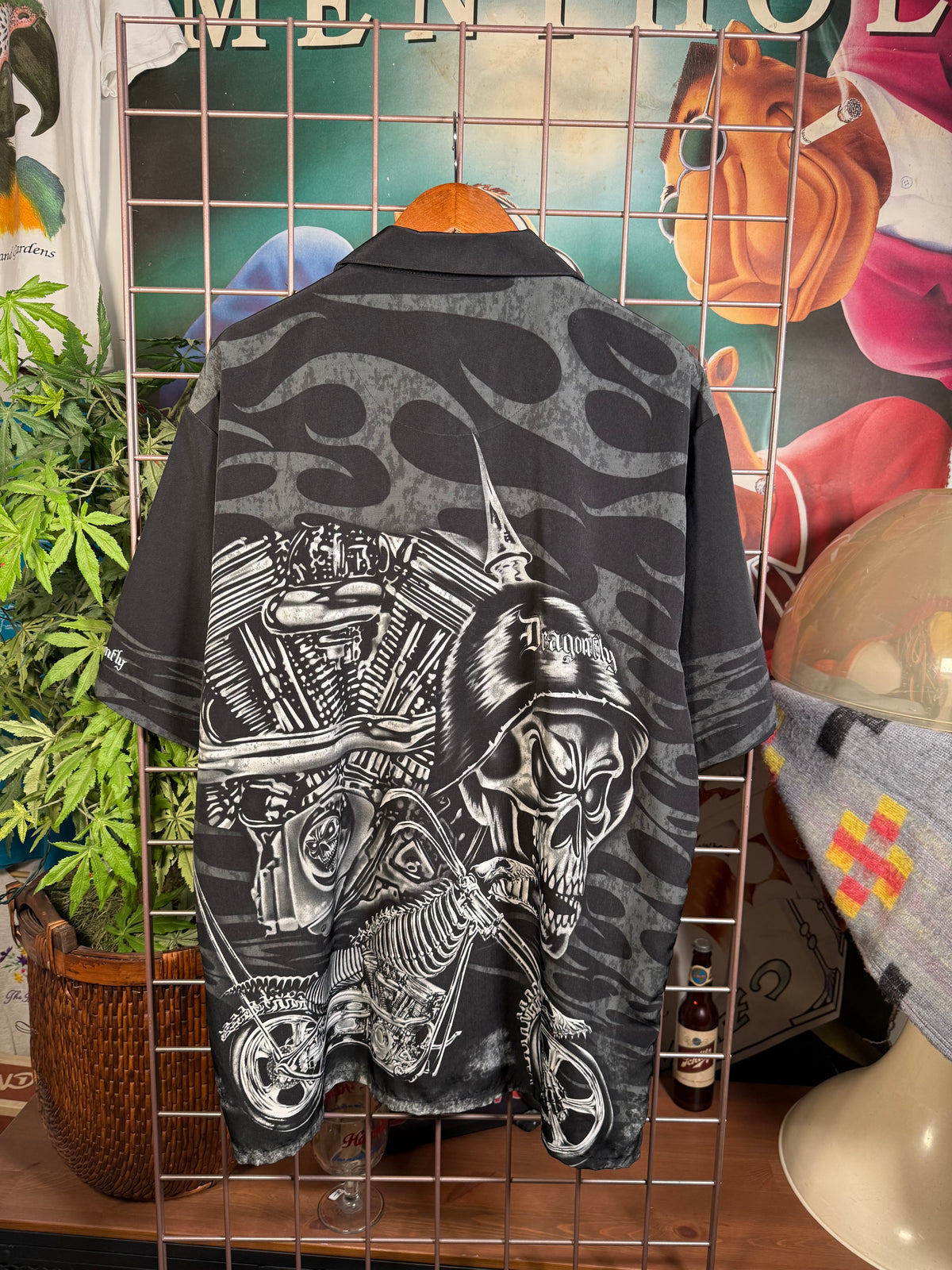 Y2K Dragonfly Motorcycle Skull Button Up Shirt (XL)