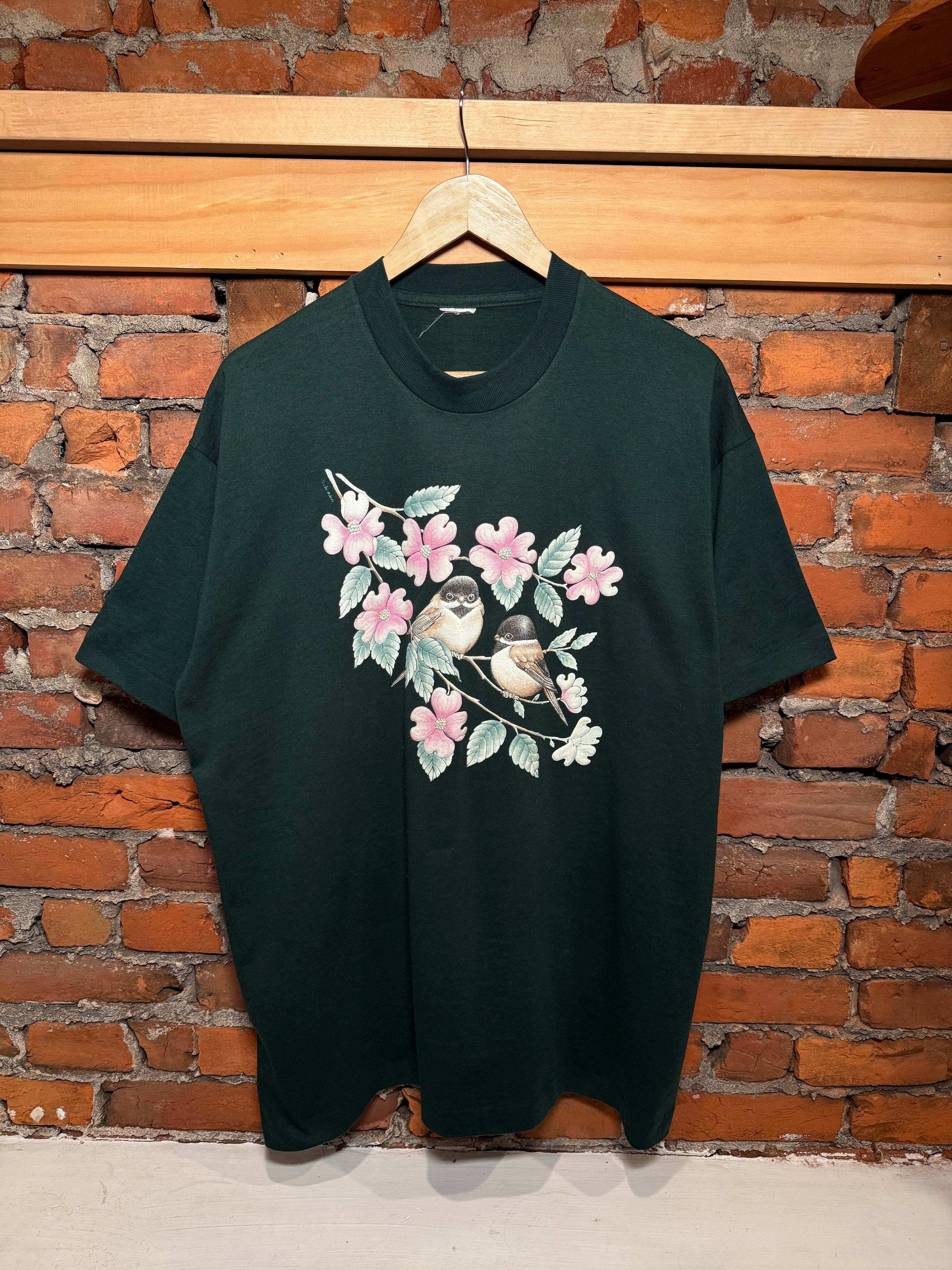 Vintage Floral Bird Puffy Print T-Shirt (XL)