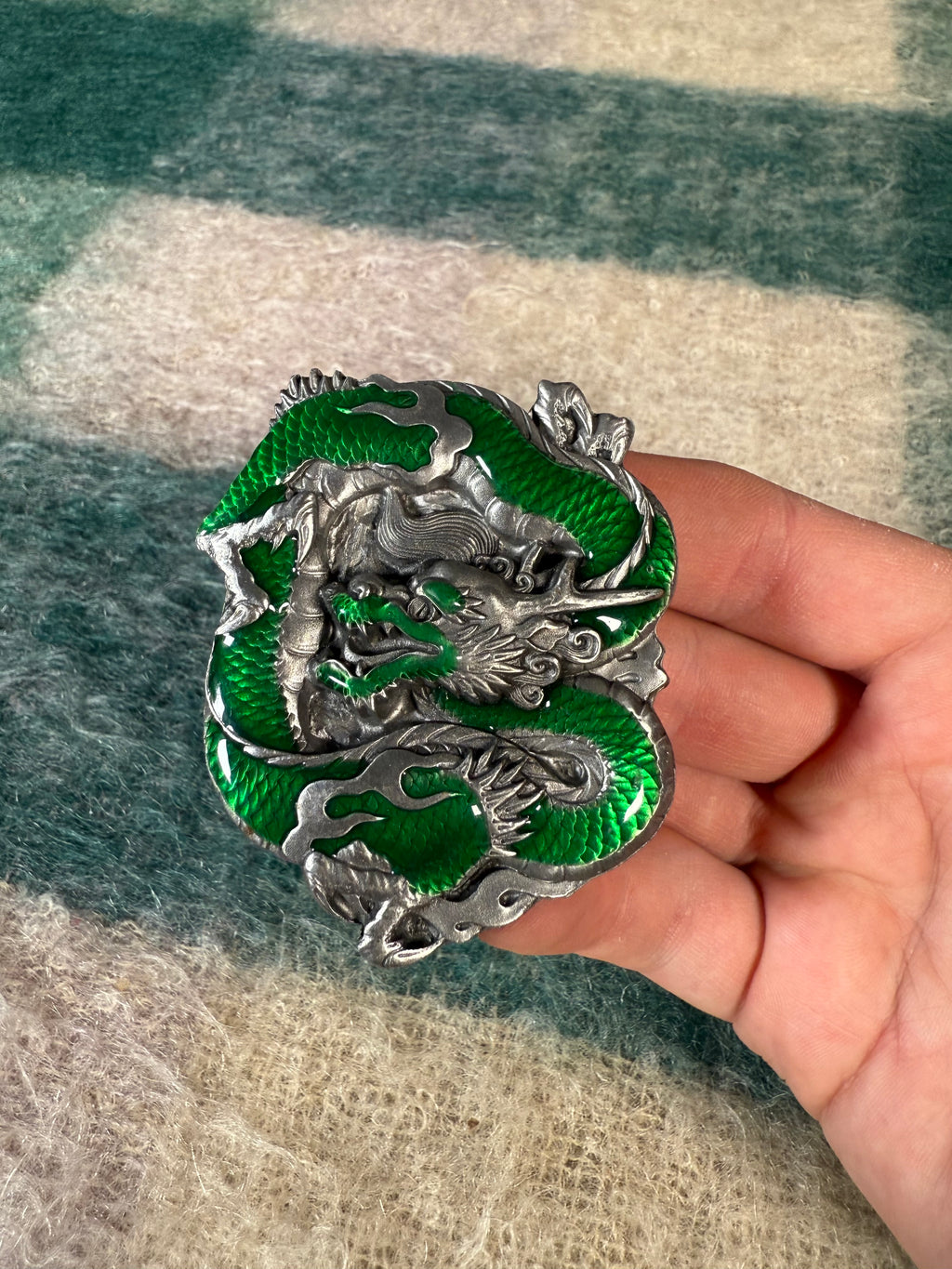 Vintage Silver and Green Dragon Belt Buckle