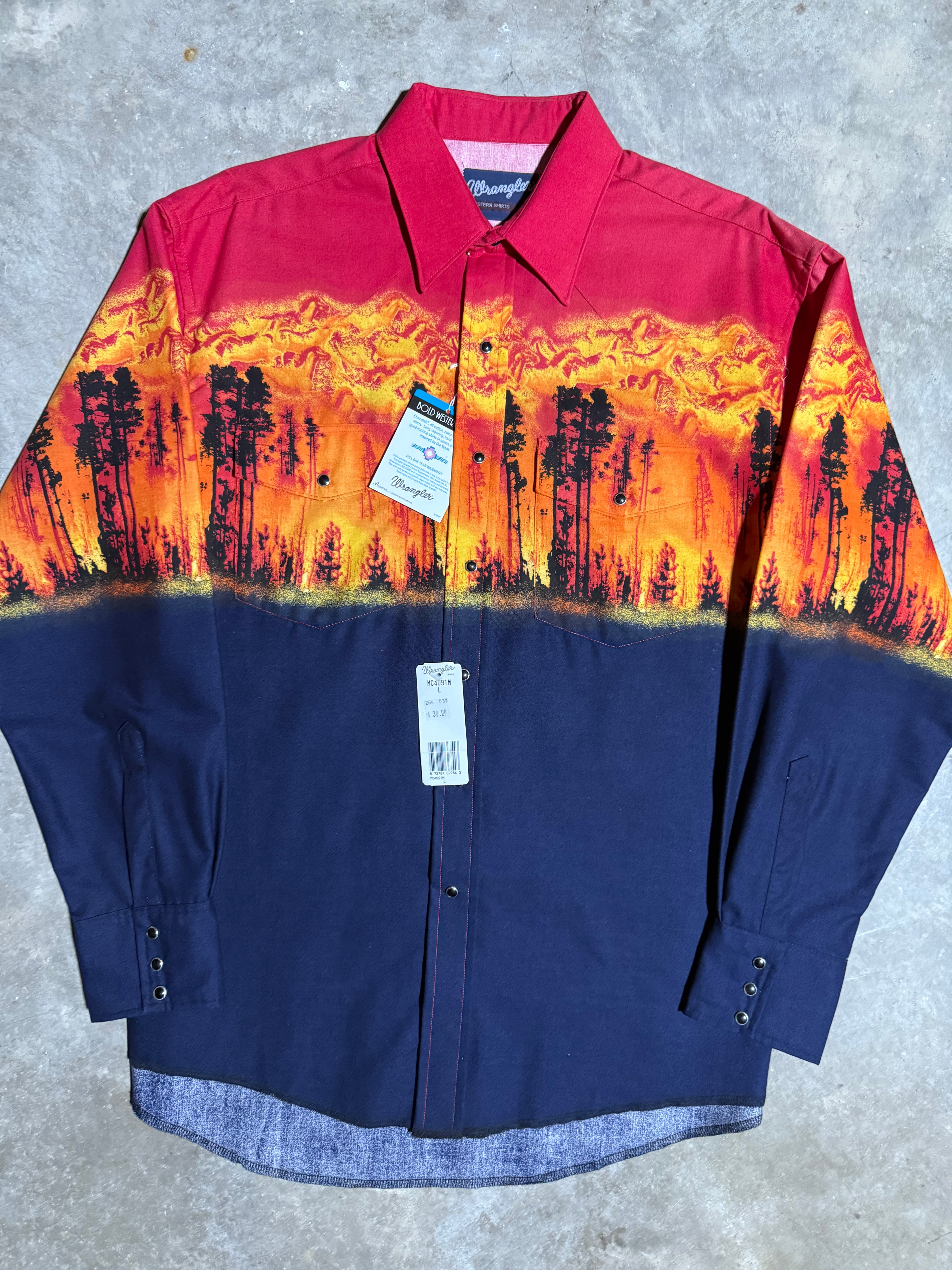 Vintage Wrangler Flaming Forest Pearl Snap Shirt (L)