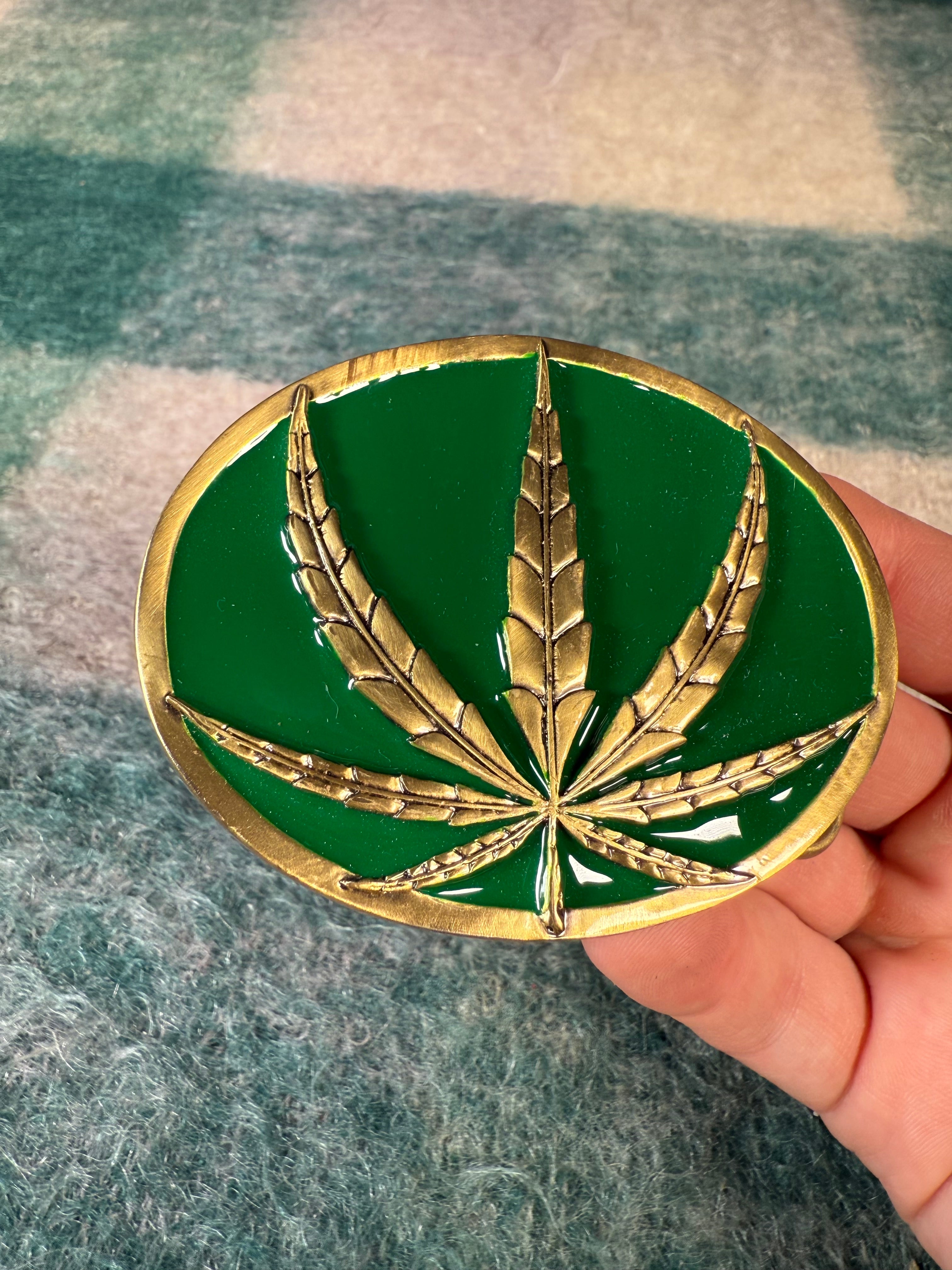 Vintage Green and Gold Weed Leaf Belt Buckle