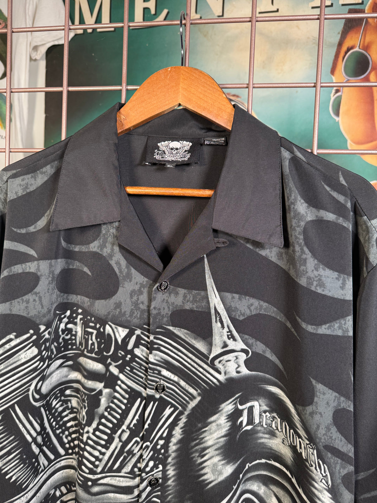 Y2K Dragonfly Motorcycle Skull Button Up Shirt (XL)