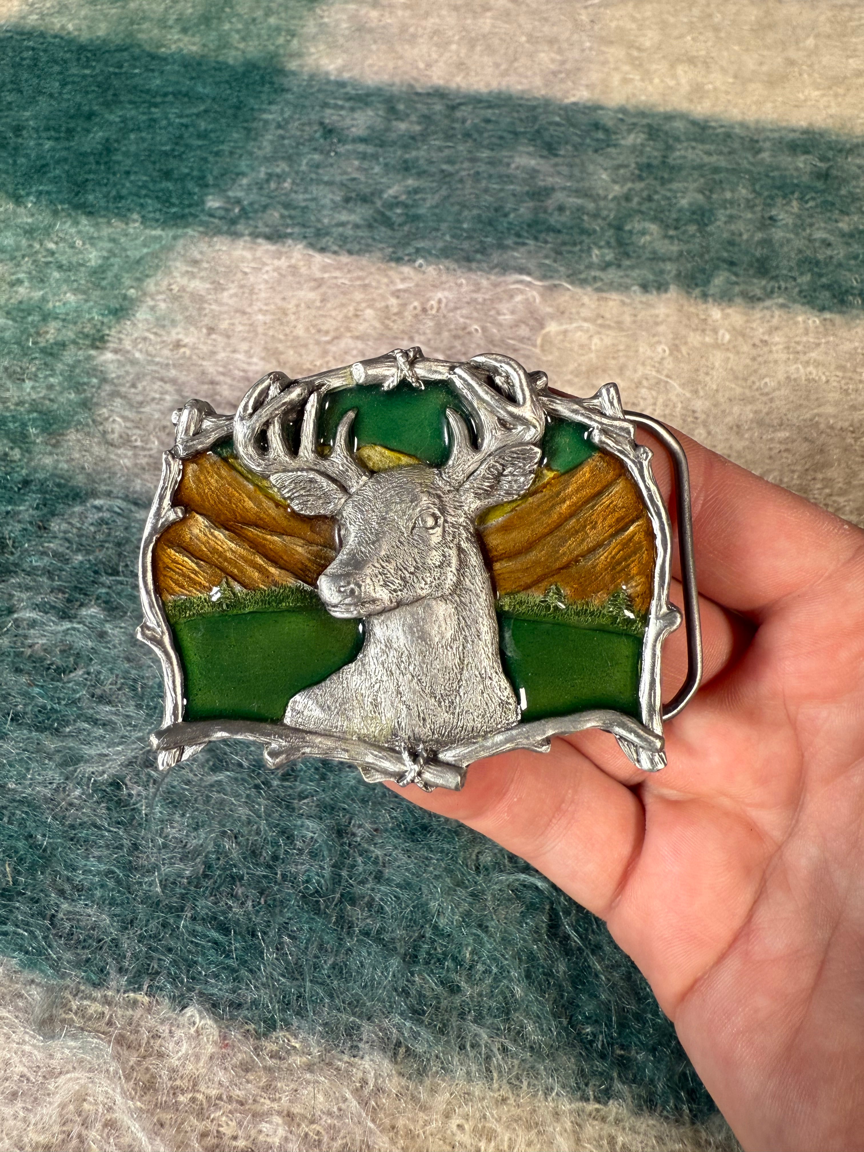 Vintage Deer Landscape Belt Buckle