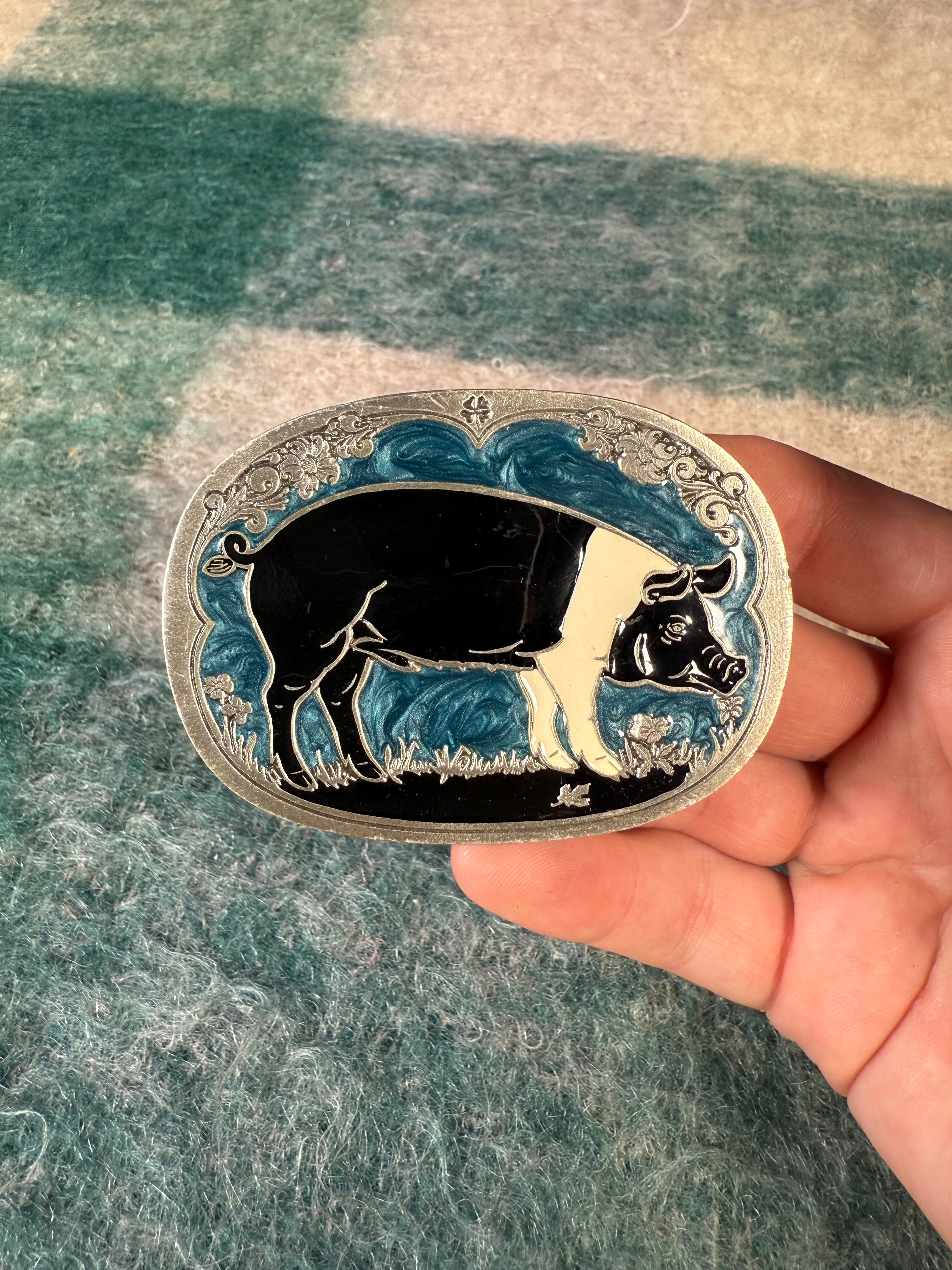 Vintage Black and White Pig Belt Buckle