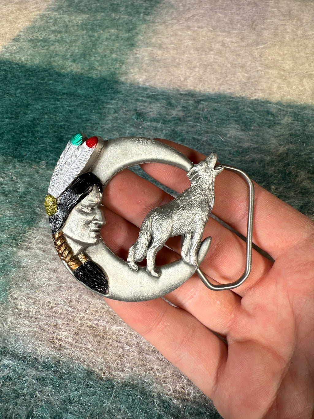 Vintage Native American Moon and Howling Wolf Belt Buckle