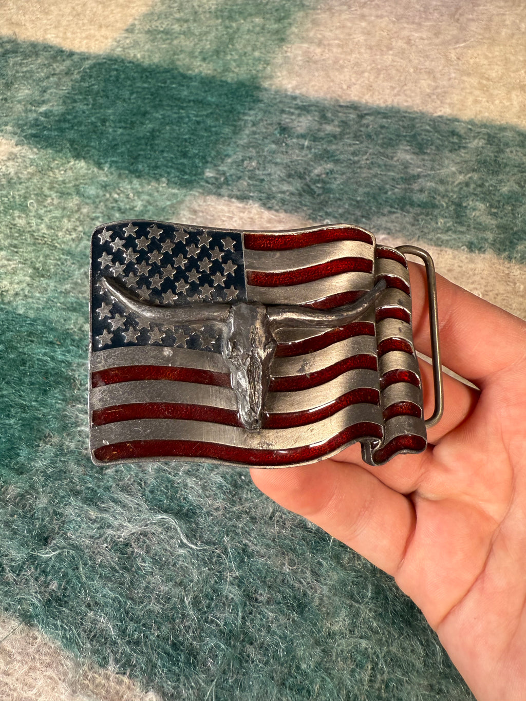 Vintage American Flag Texas Longhorn Belt Buckle