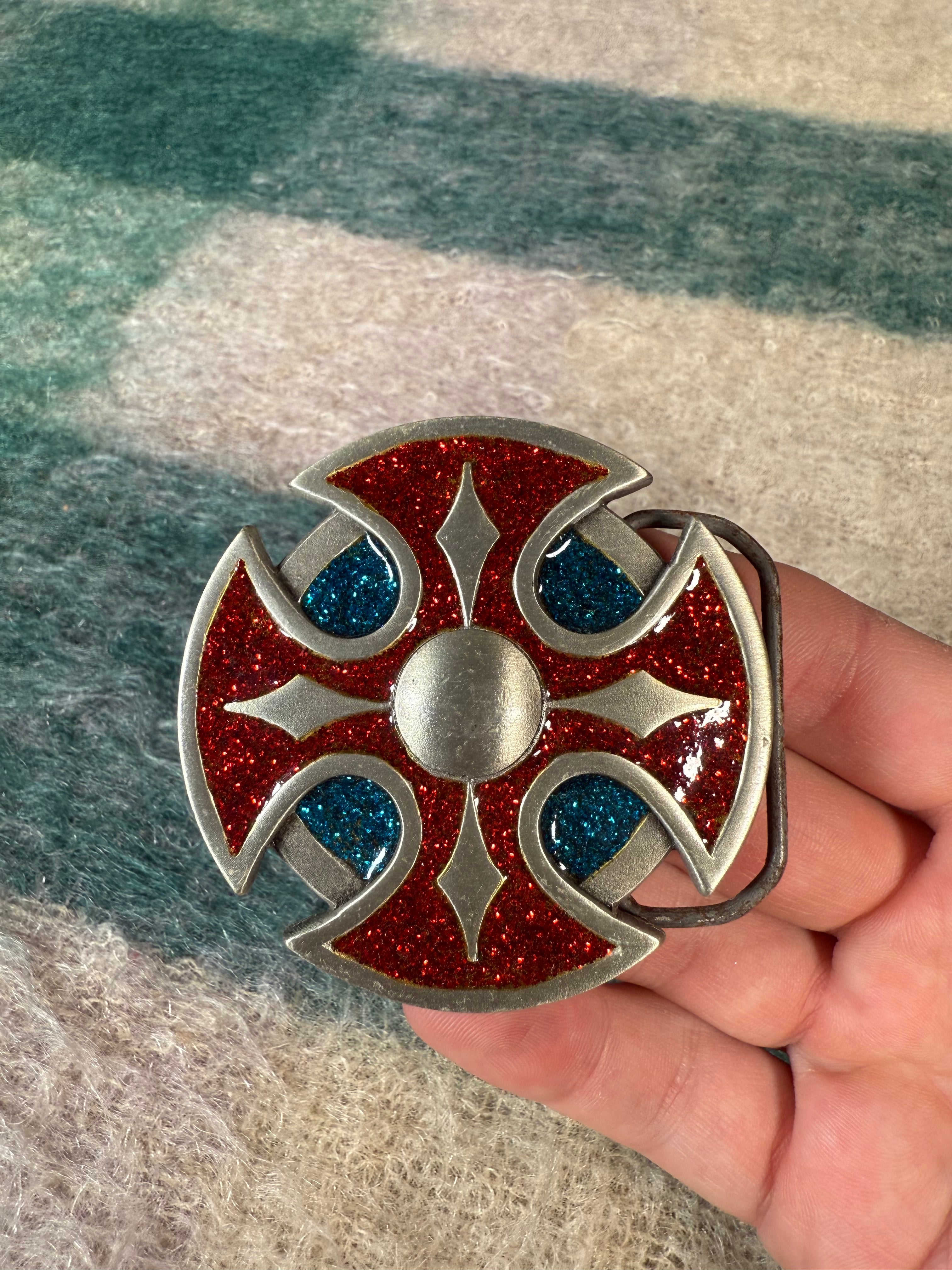 Vintage Red and Blue Iron Cross Belt Buckle