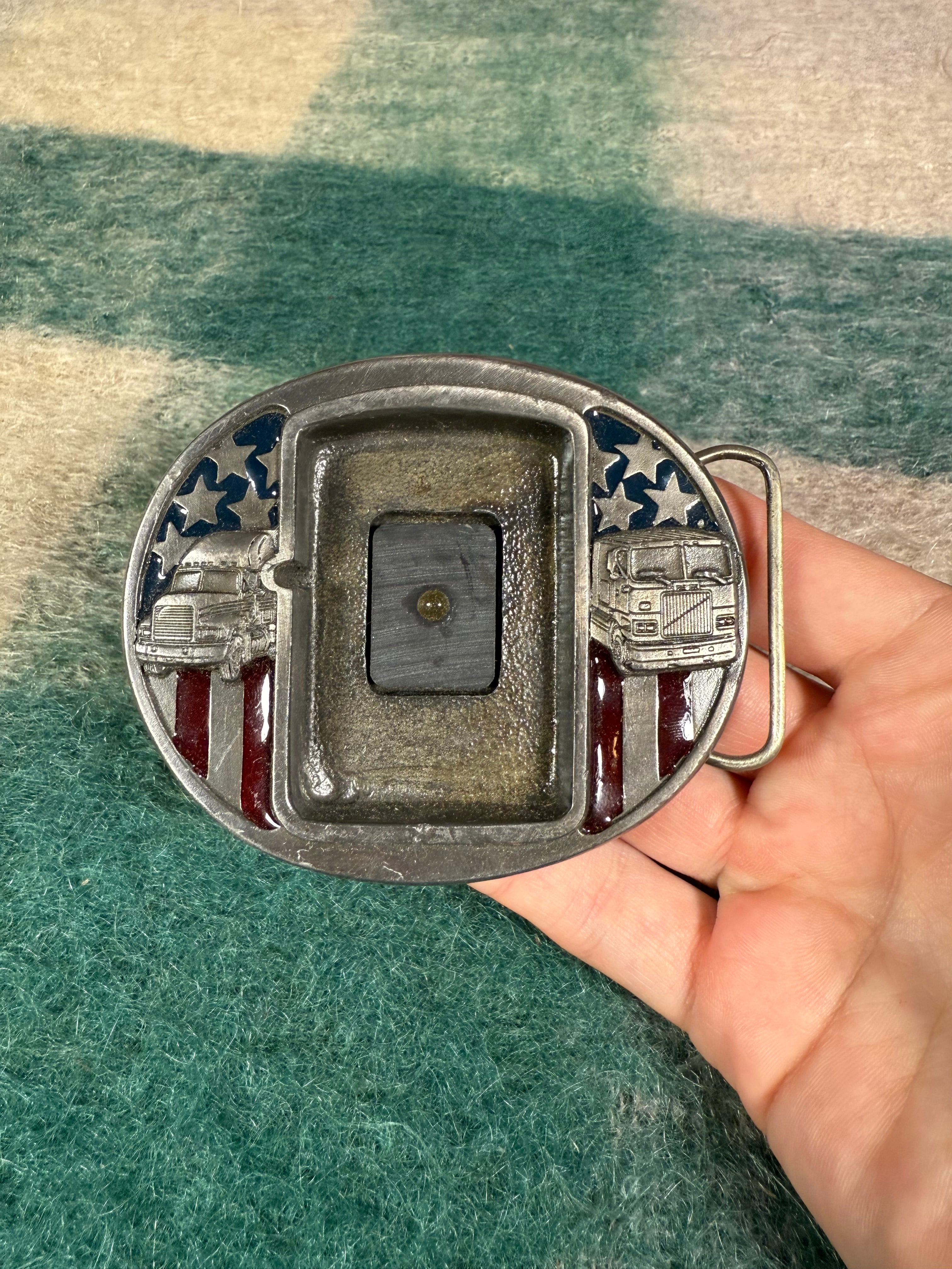 Vintage Trucks With American Flag Zippo Lighter Holder Belt Buckle
