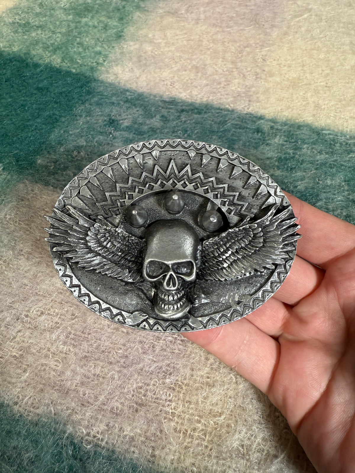 Vintage Winged Skull Spike Belt Buckle
