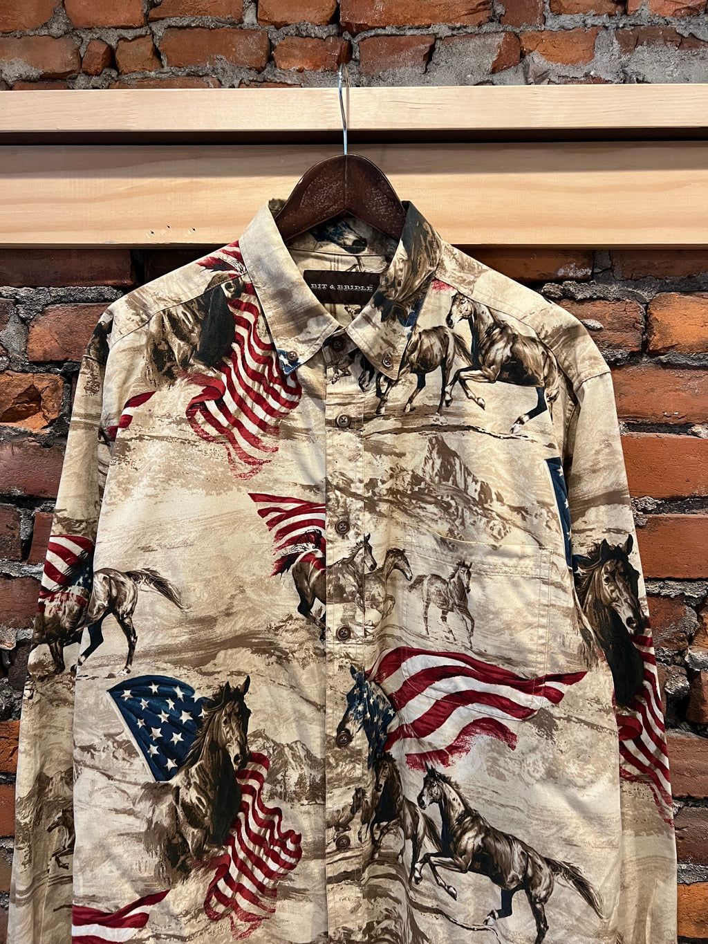 Vintage American Flag Horses Western Shirt (L)