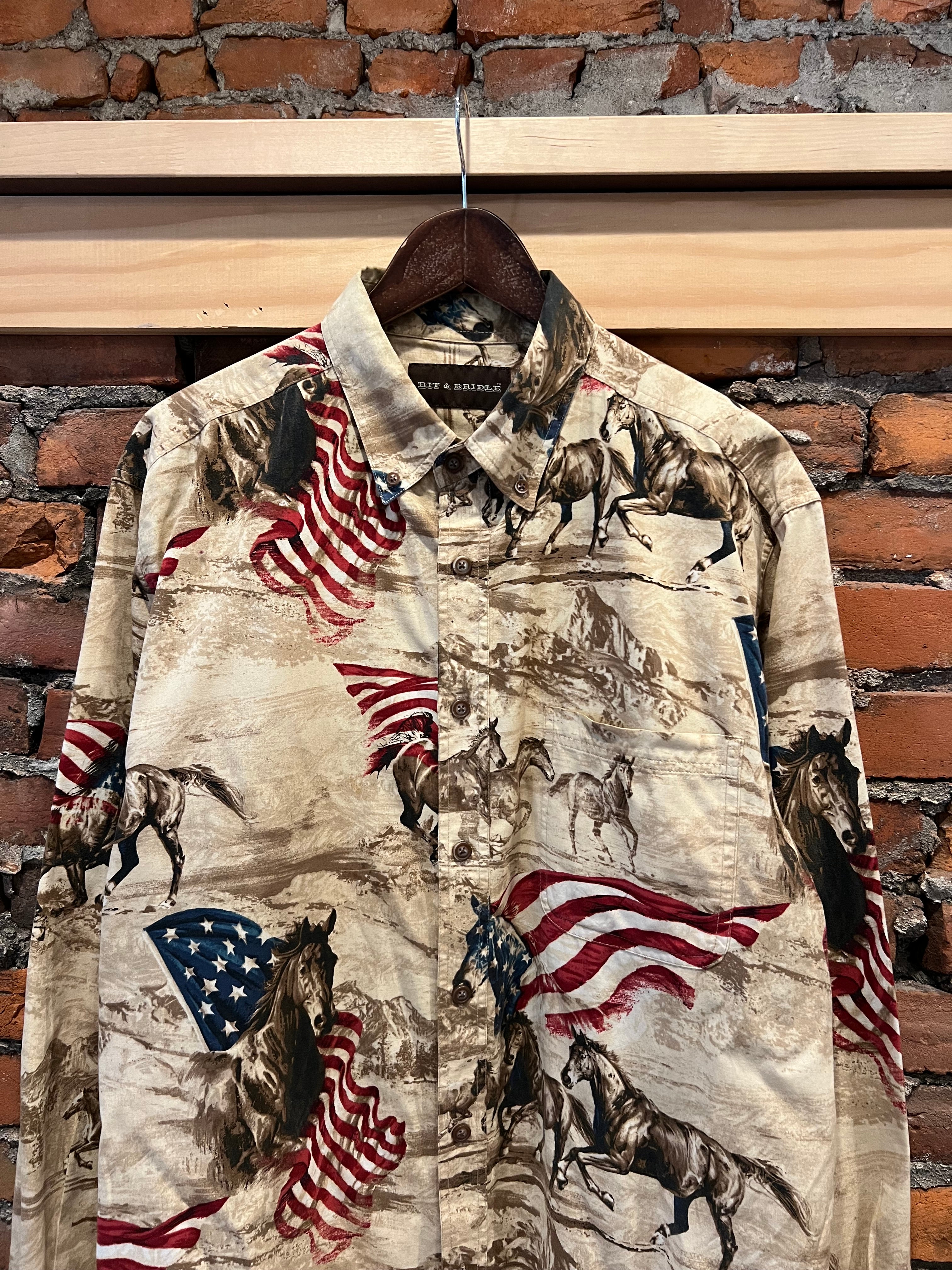 Vintage American Flag Horses Western Shirt (L)
