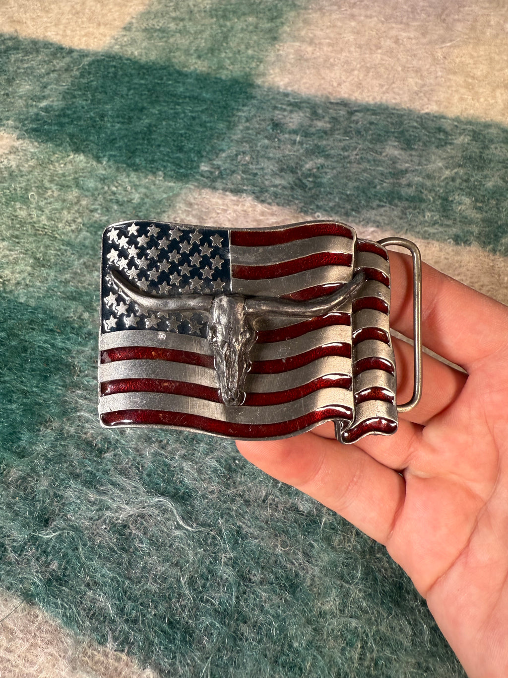Vintage American Flag Texas Longhorn Belt Buckle