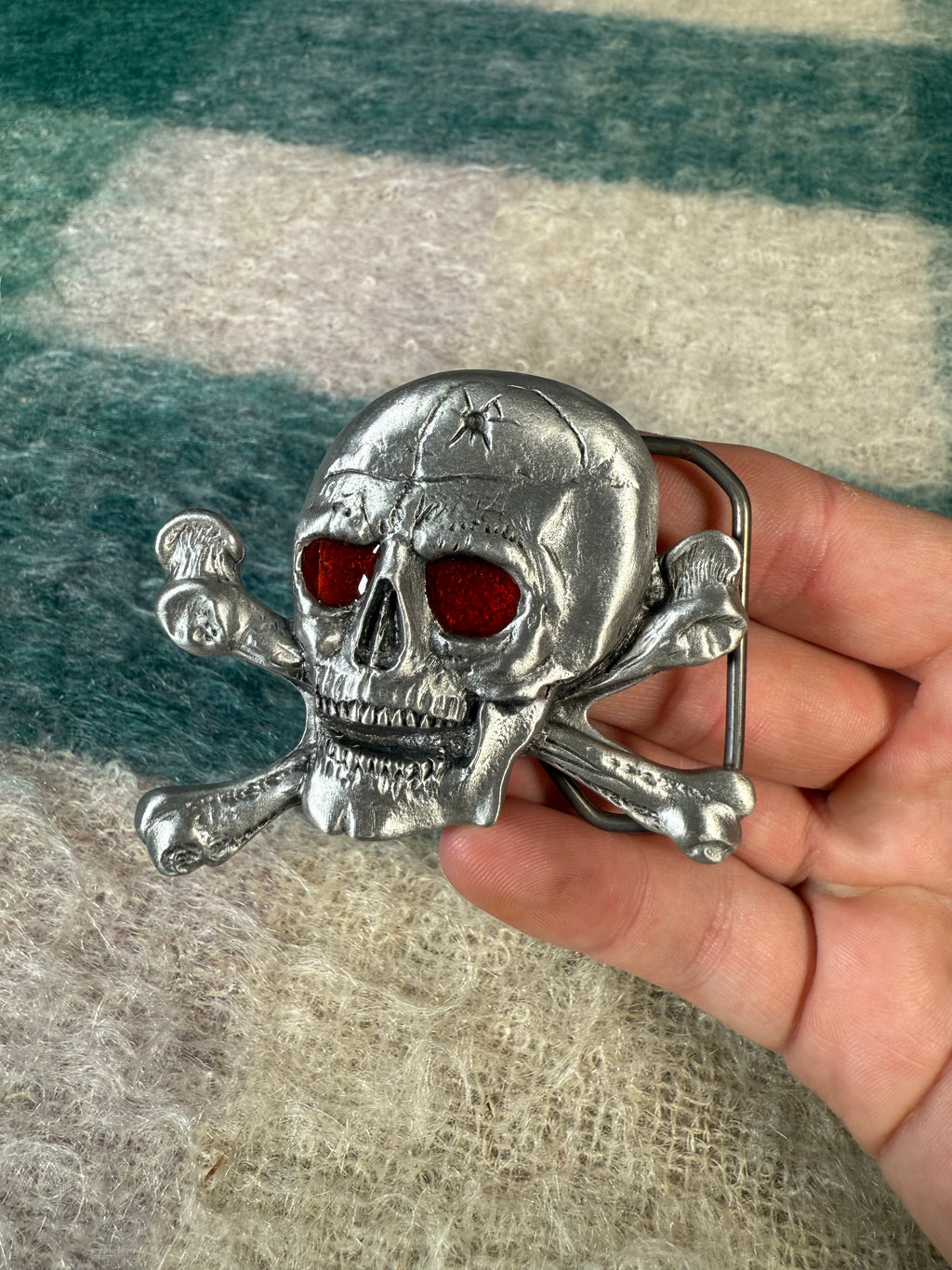 Vintage Silver and Red Skull and Cross Bones Belt Buckle