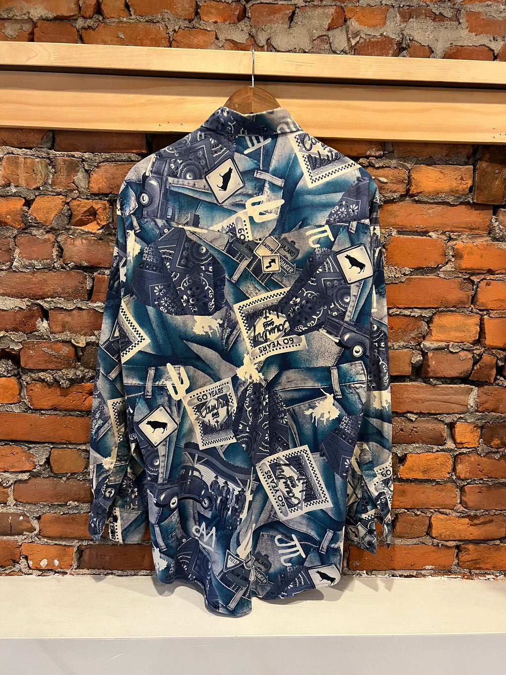 Vintage All Over Print Blue Cowboy Western Shirt (XL)