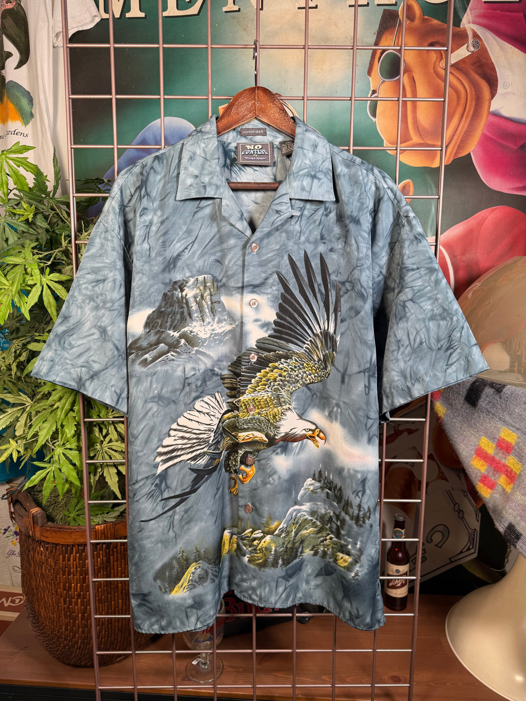 Y2K All Over Print Eagle Button Up Shirt (L)