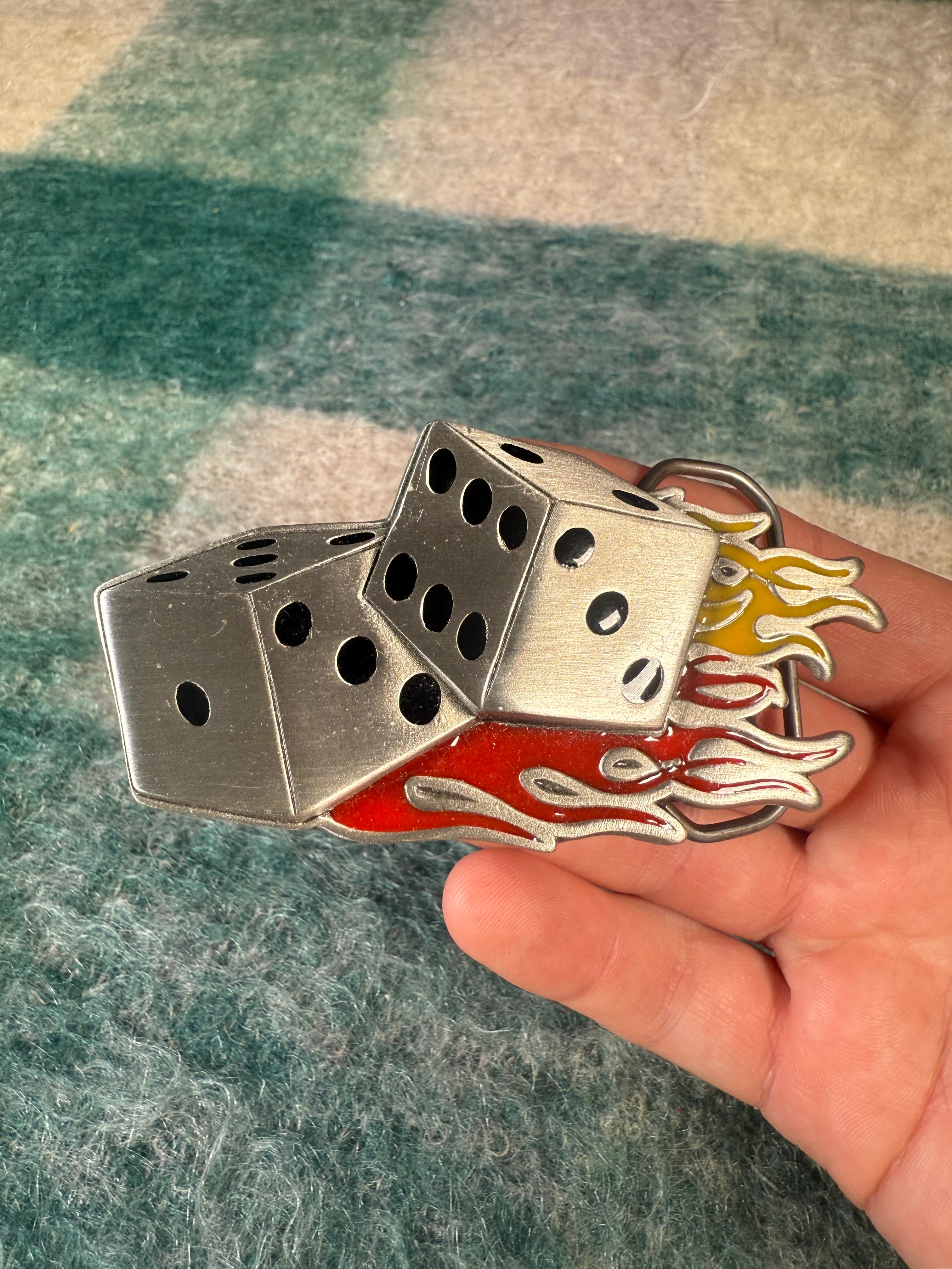 Vintage 2000 Flaming Dice Belt Buckle