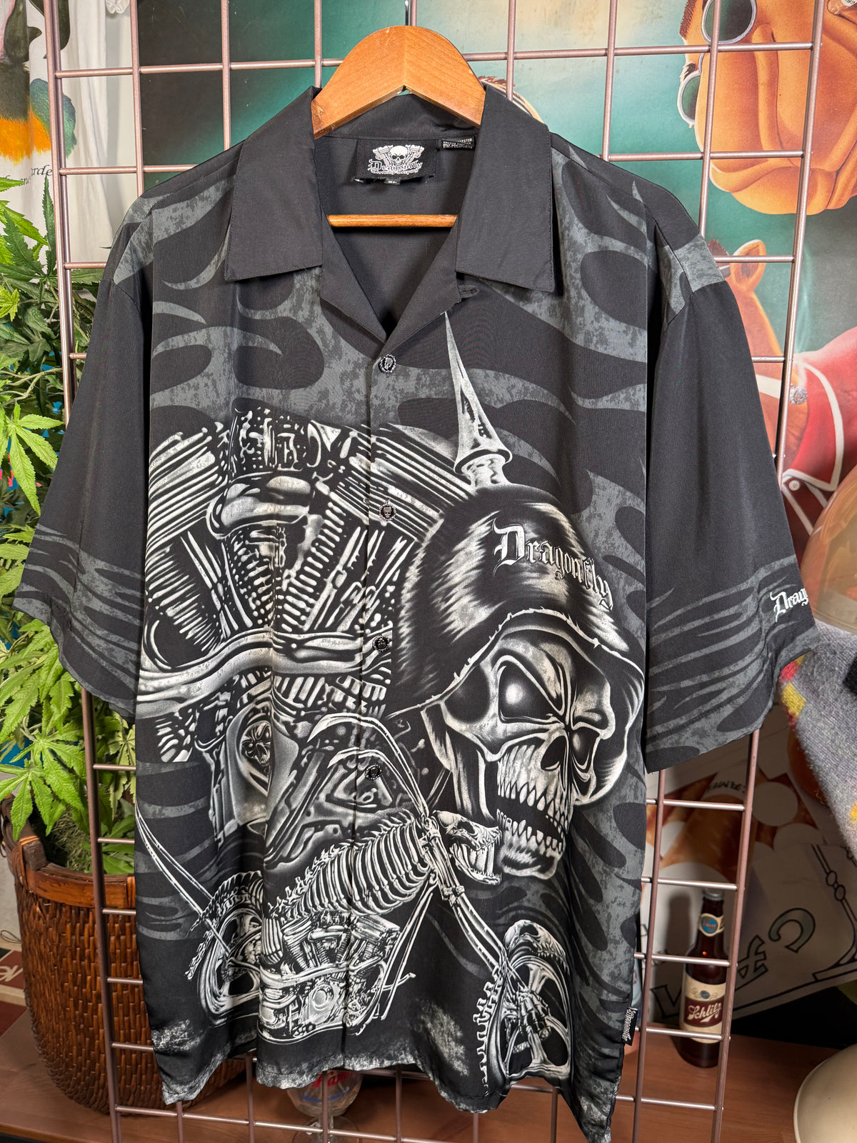 Y2K Dragonfly Motorcycle Skull Button Up Shirt (XL)