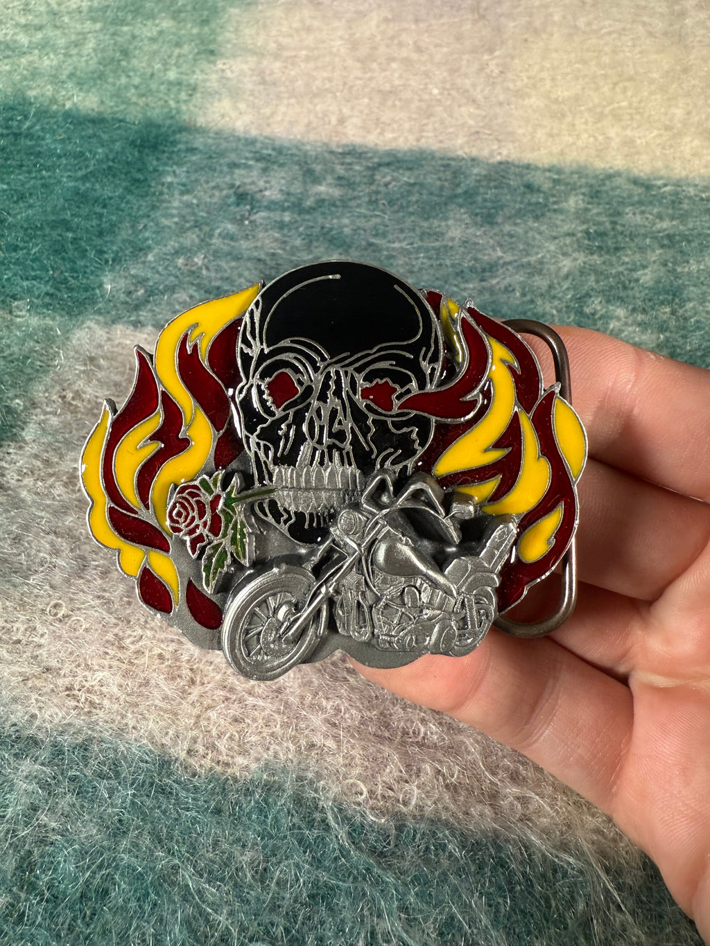 Vintage Flaming Motorcycle Skull Belt Buckle