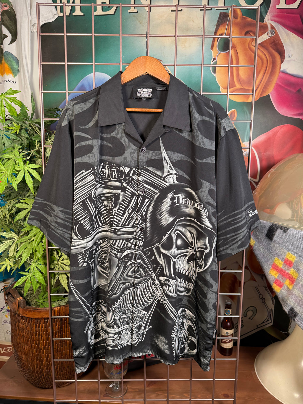 Y2K Dragonfly Motorcycle Skull Button Up Shirt (XL)