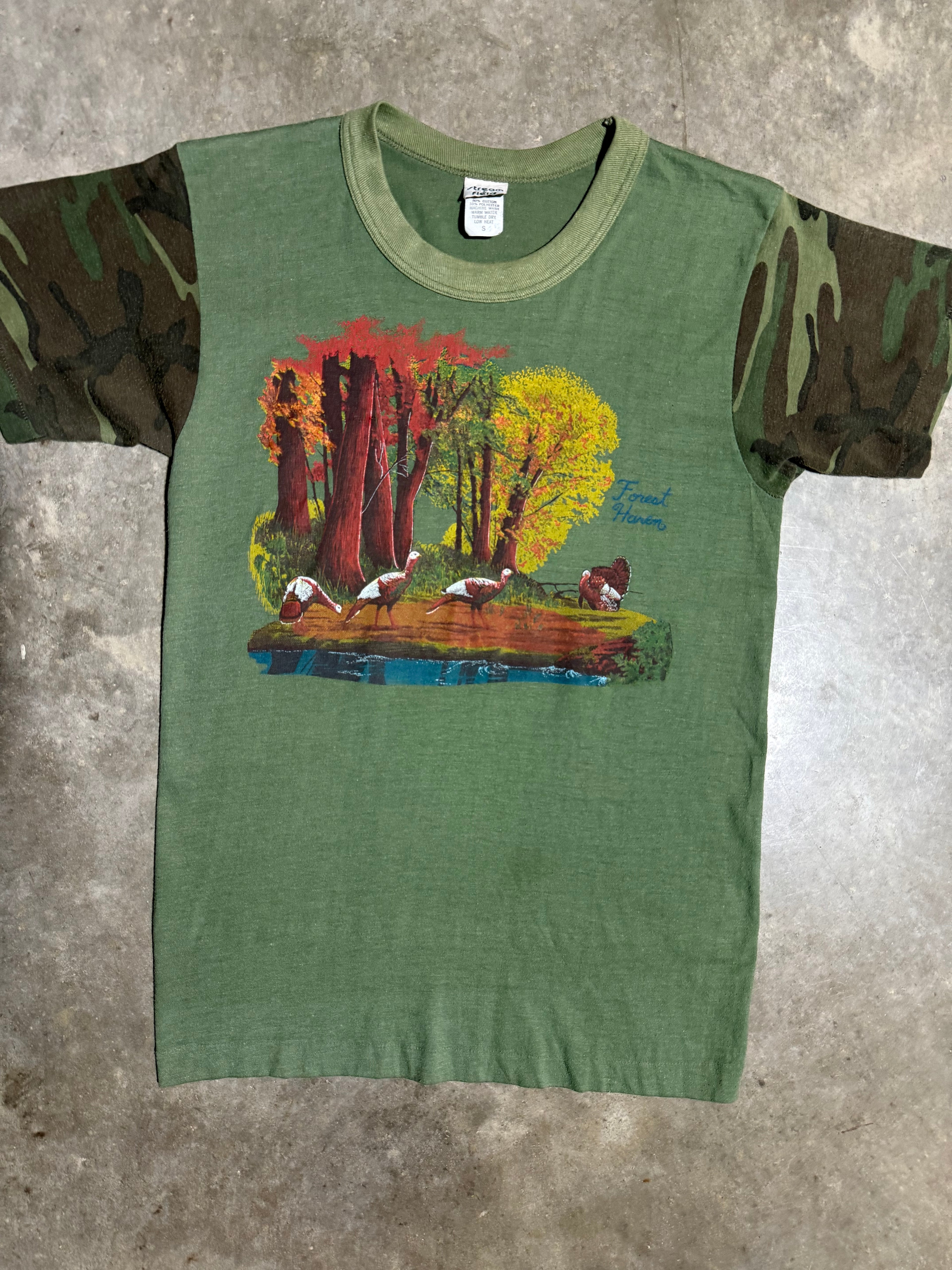 Vintage 70s Camo Sleeve Turkey T-Shirt (XS)