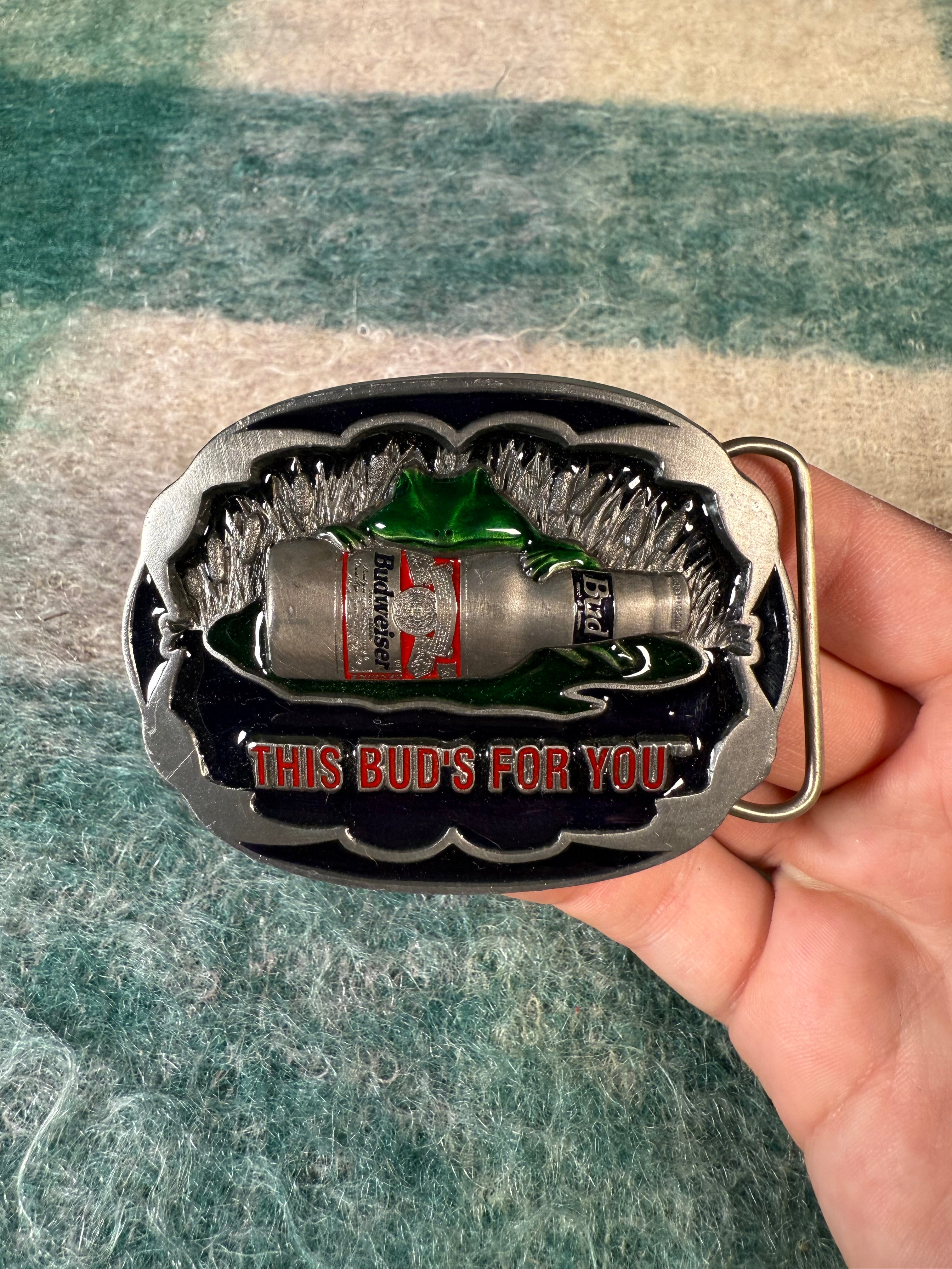 Vintage Budweiser Frog “This Buds For You” Belt Buckle