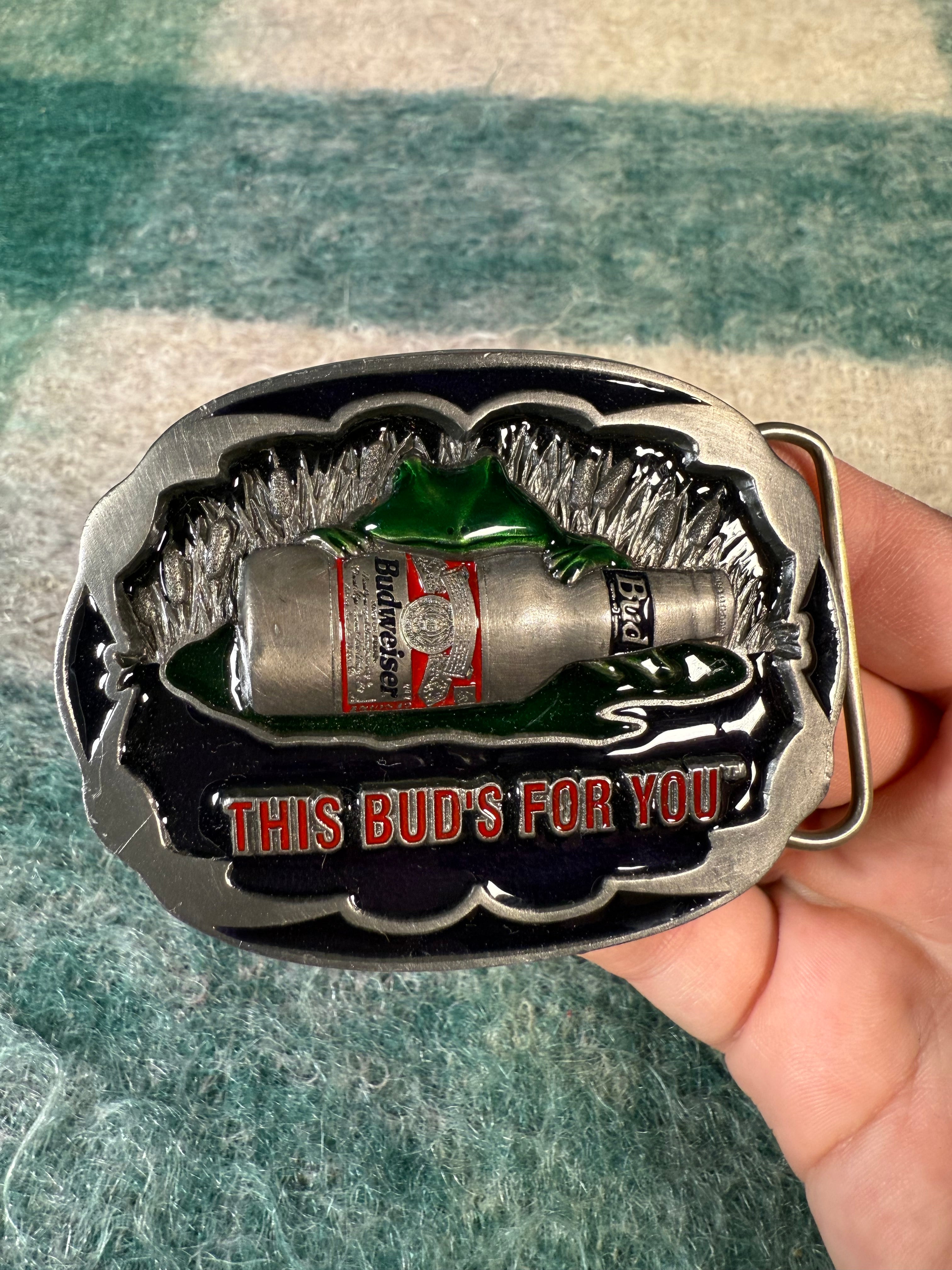 Vintage Budweiser Frog “This Buds For You” Belt Buckle