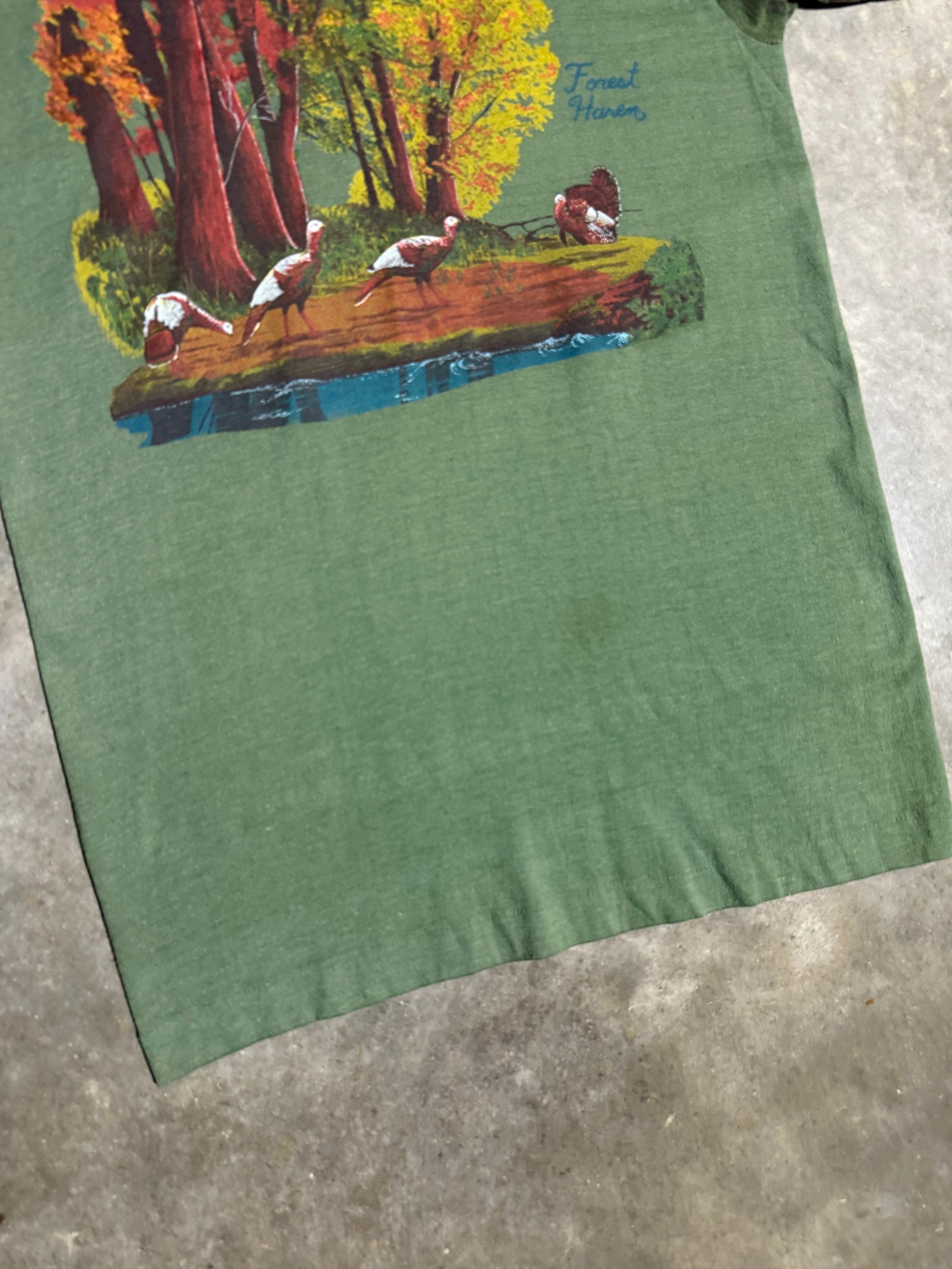 Vintage 70s Camo Sleeve Turkey T-Shirt (XS)