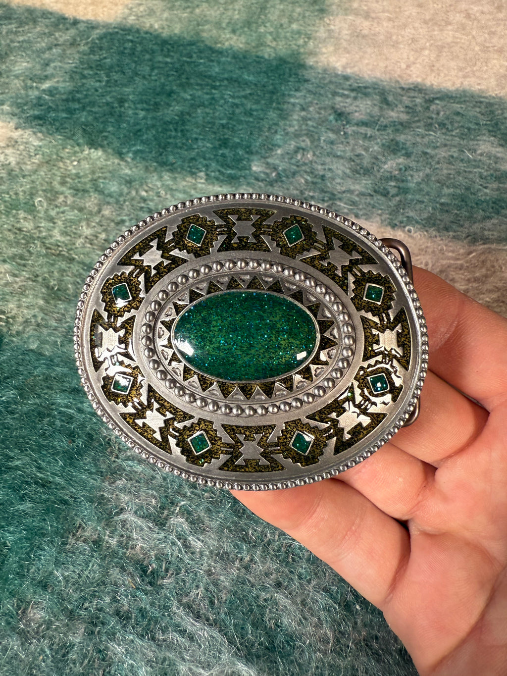 Vintage Green and Gold Western Pattern Belt Buckle