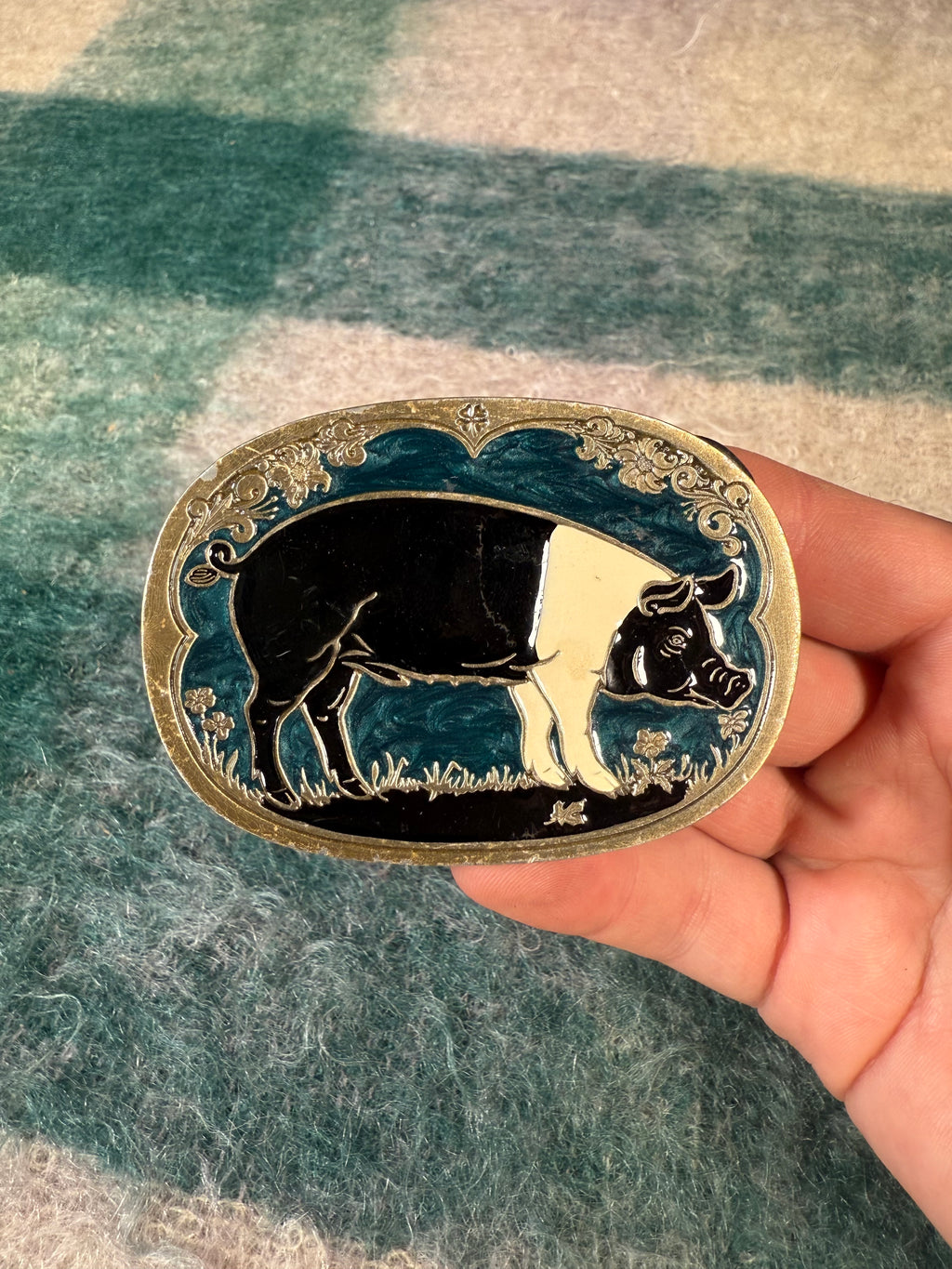Vintage Black and White Pig Belt Buckle