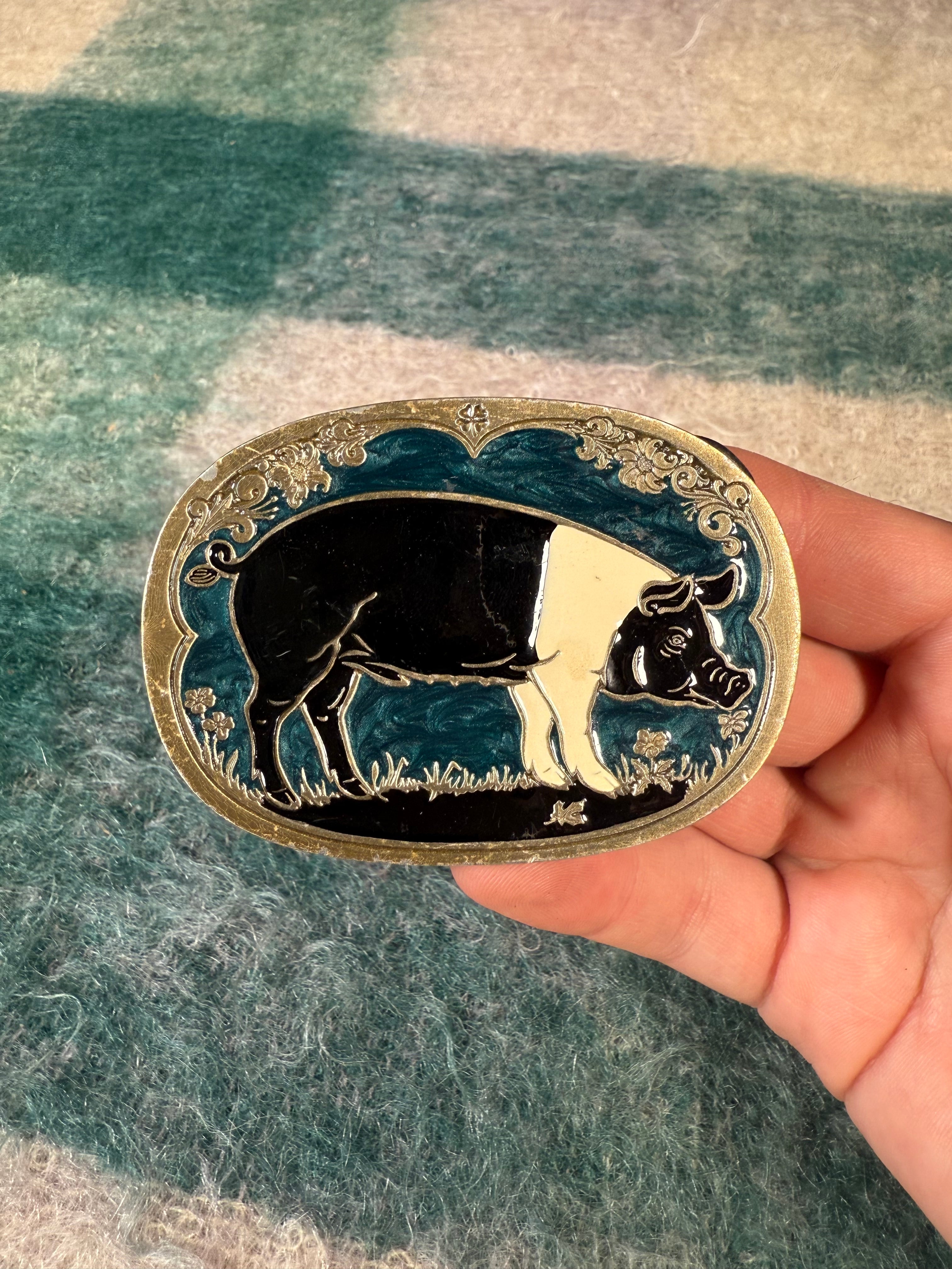 Vintage Black and White Pig Belt Buckle