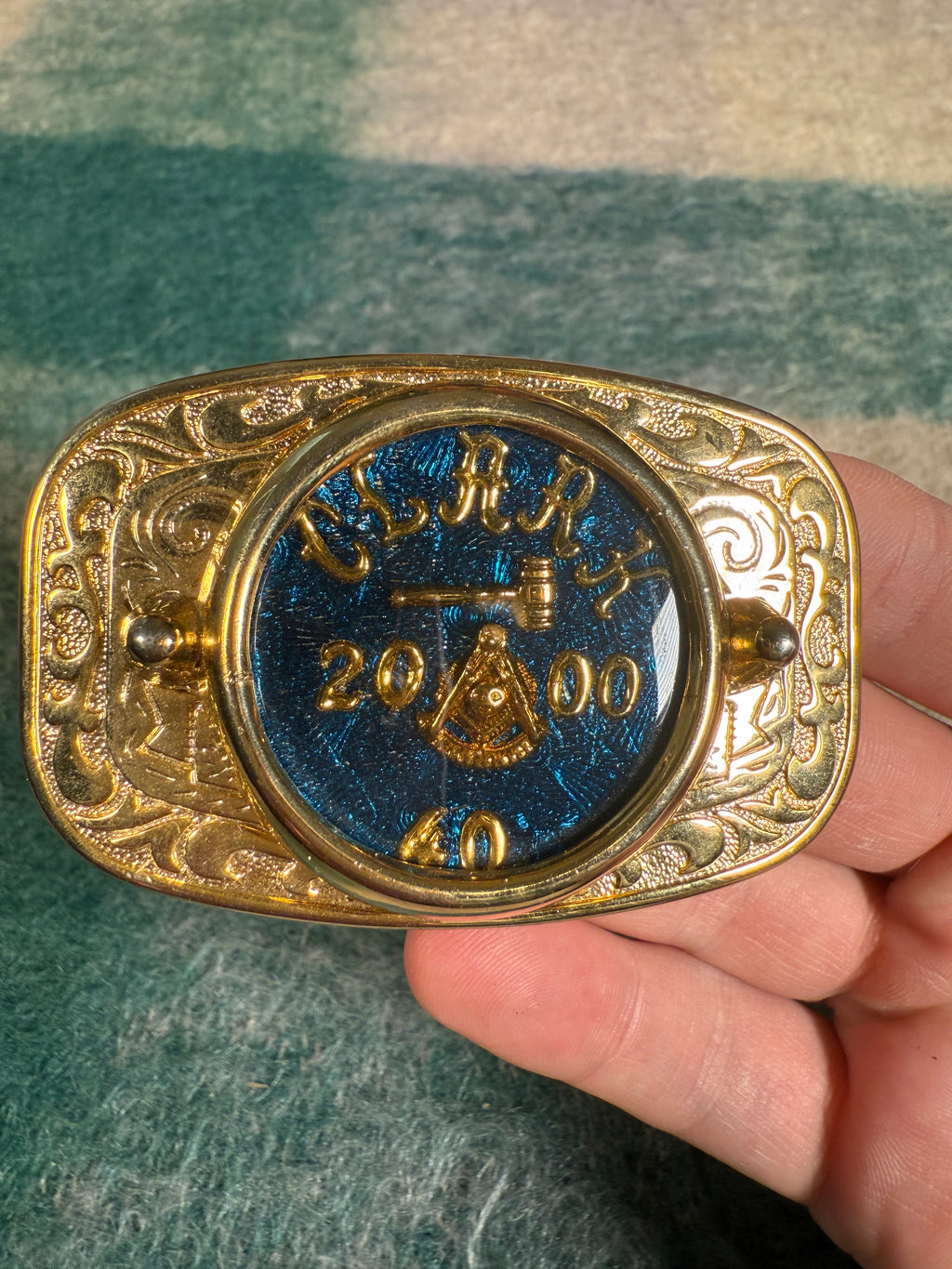 Vintage 2000 Gold and Blue Belt Buckle
