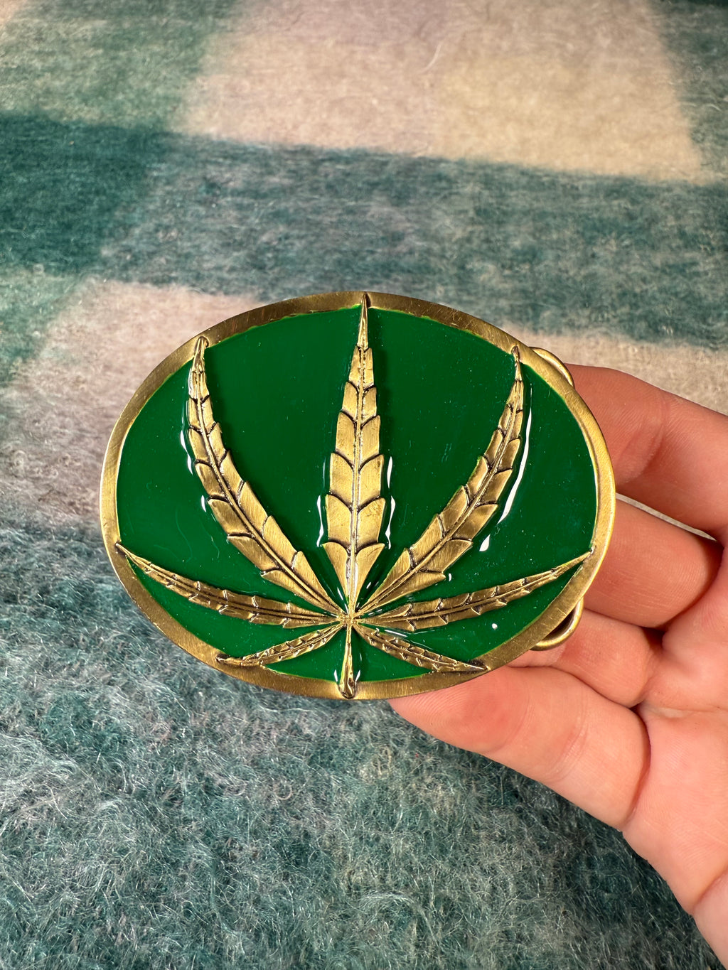 Vintage Green and Gold Weed Leaf Belt Buckle