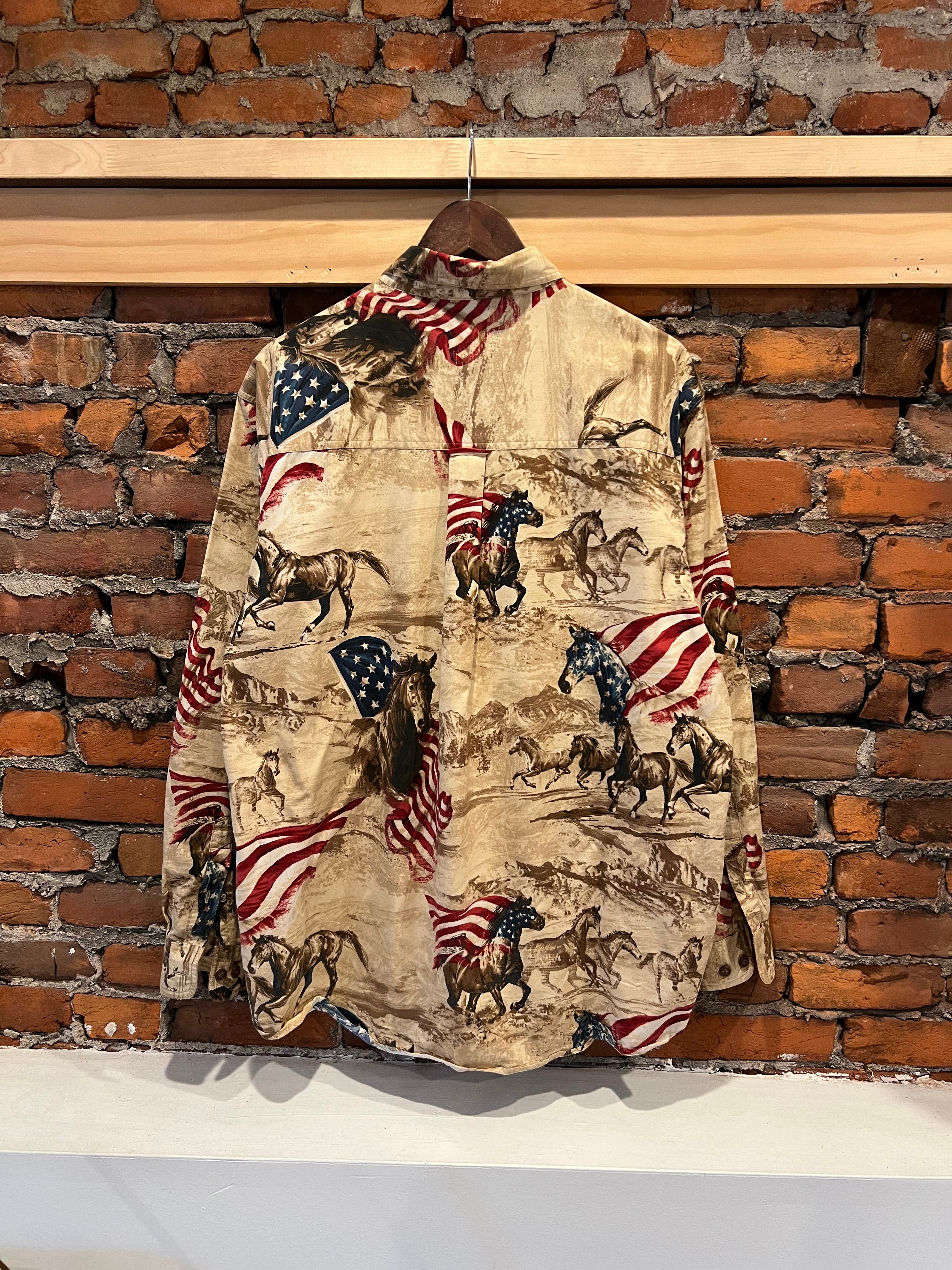 Vintage American Flag Horses Western Shirt (L)