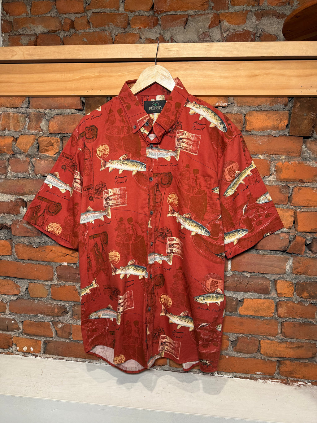 Red Head All Over Fish Button Down Shirt (L)