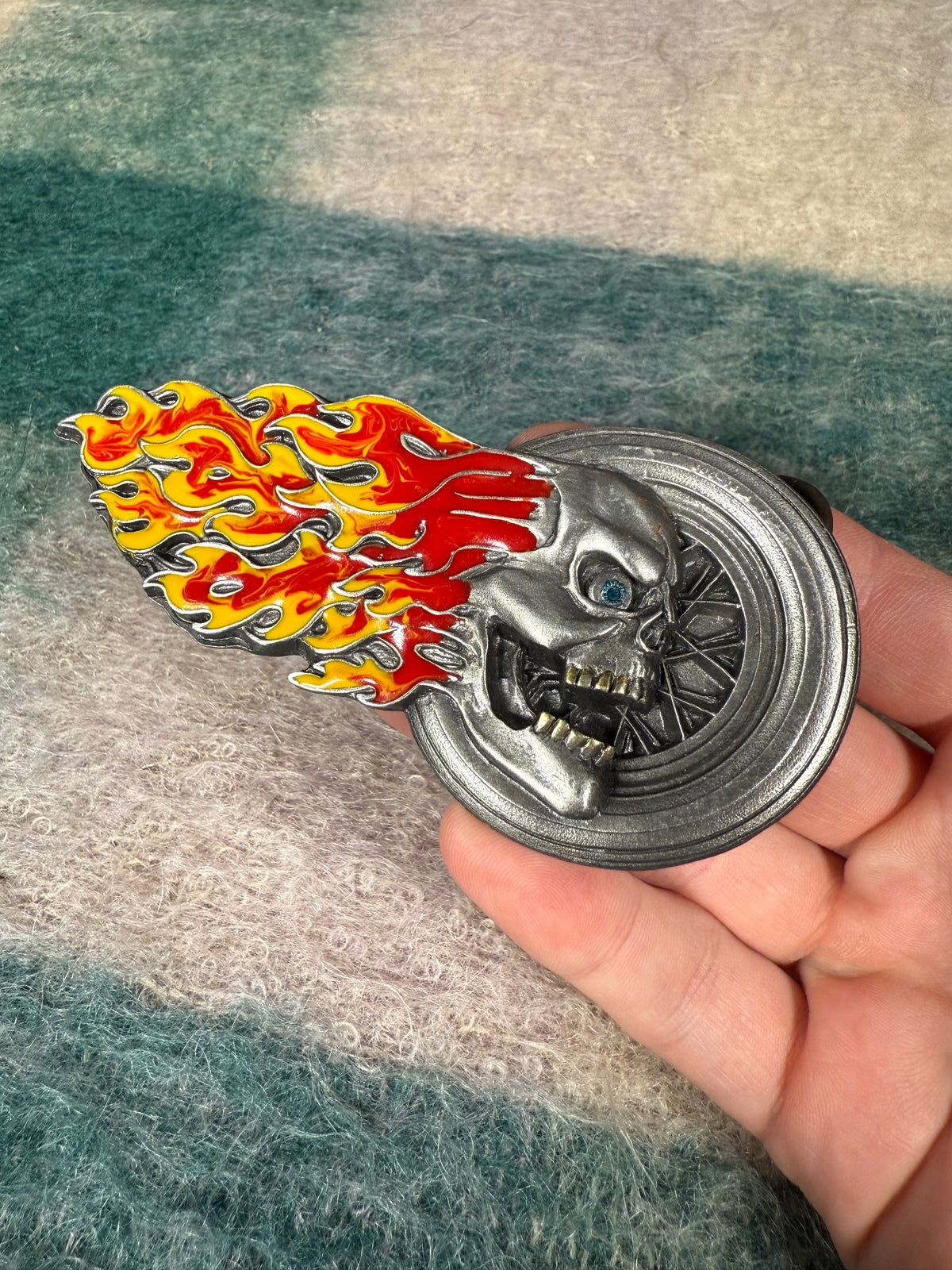 Vintage Flaming Skull Motorcycle Wheel Belt Buckle