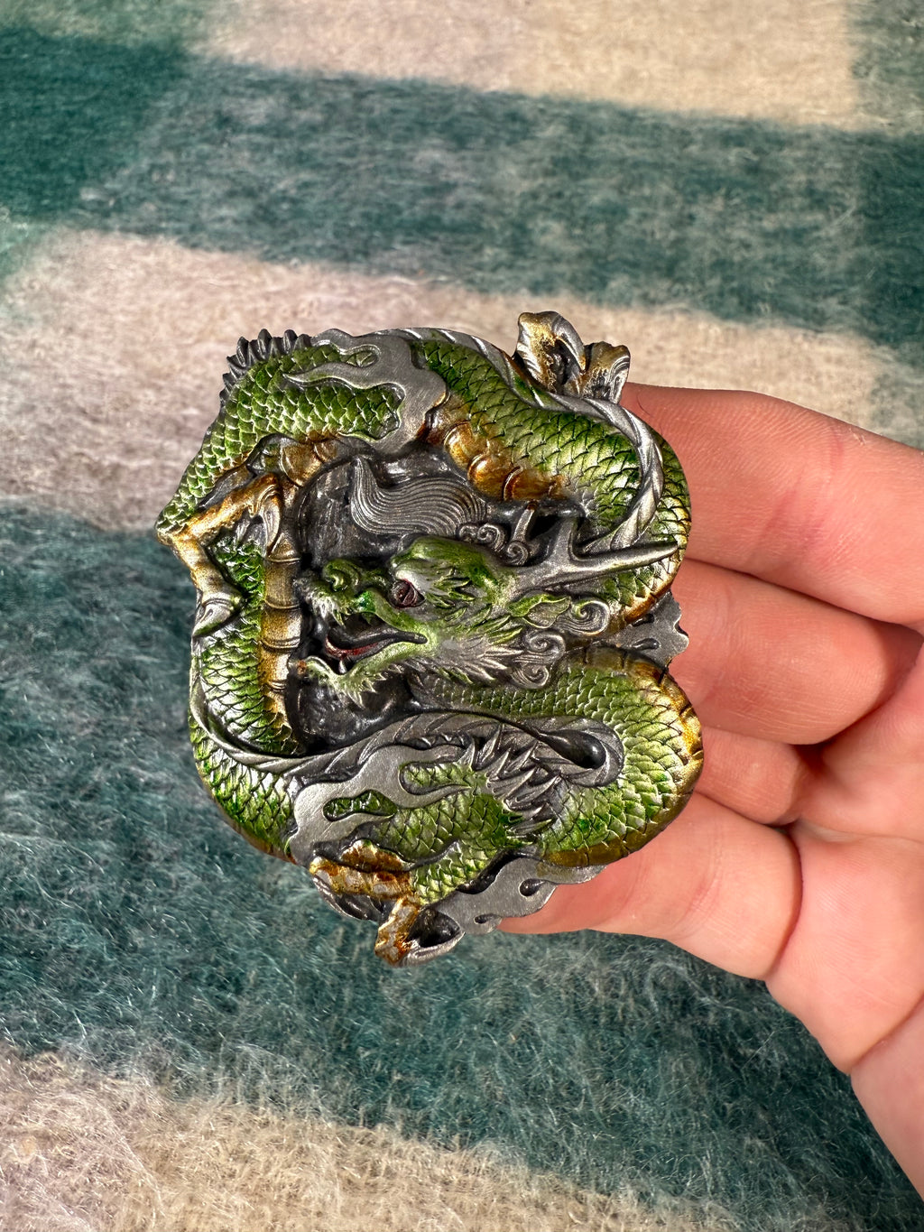 Vintage Silver and Green Dragon Belt Buckle