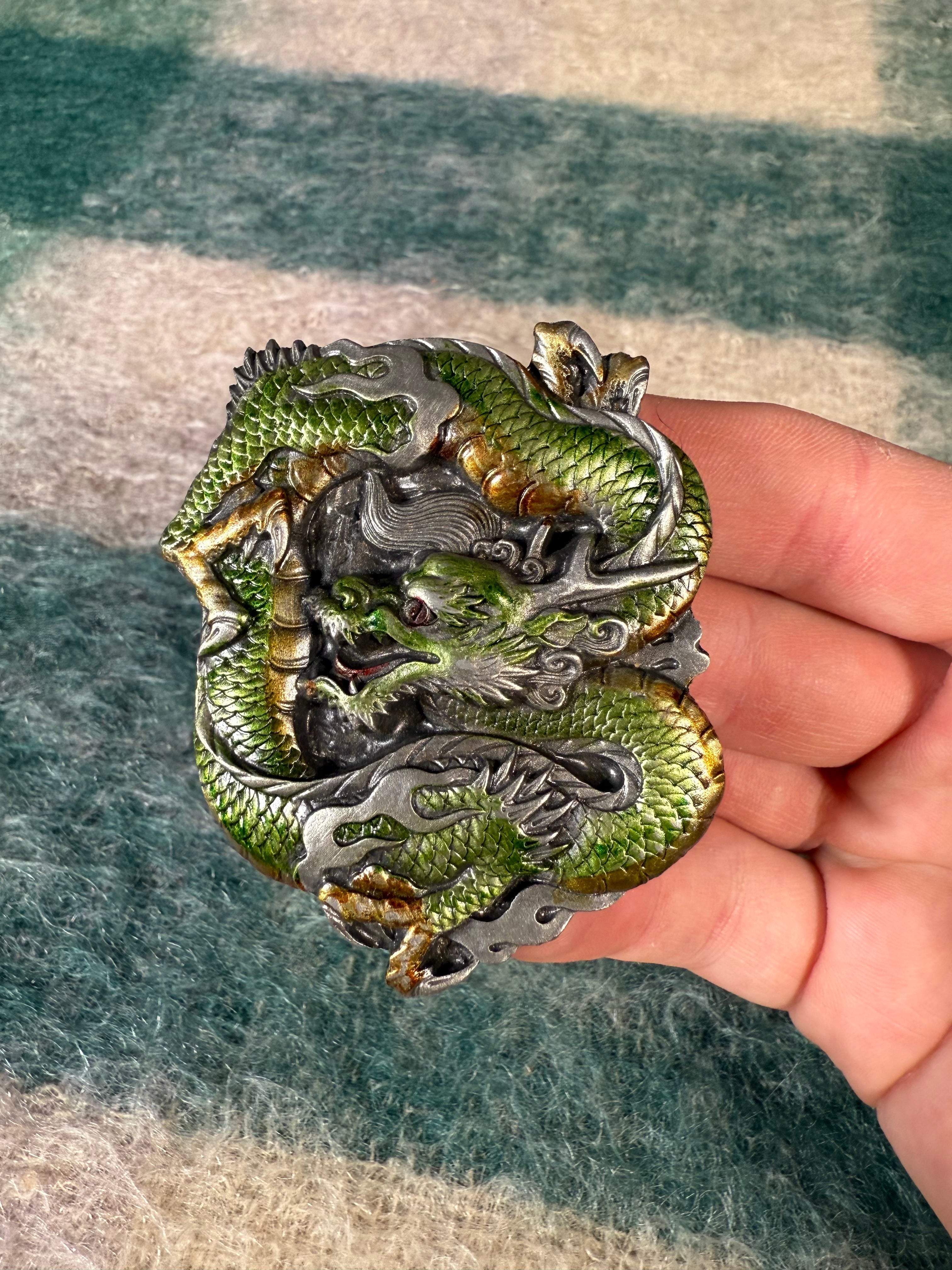 Vintage Silver and Green Dragon Belt Buckle