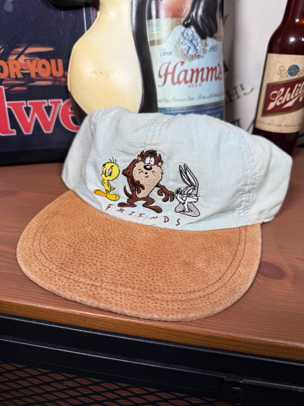 Lot of 2 Vintage 1996 Taz Embroidered Elastic Strap Hats