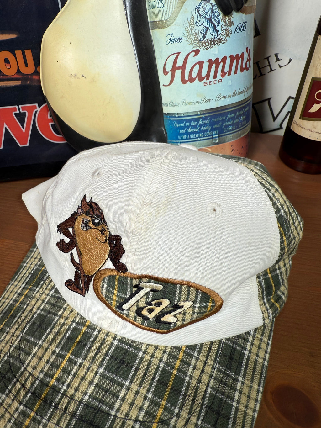 Lot of 2 Vintage 1996 Taz Embroidered Elastic Strap Hats